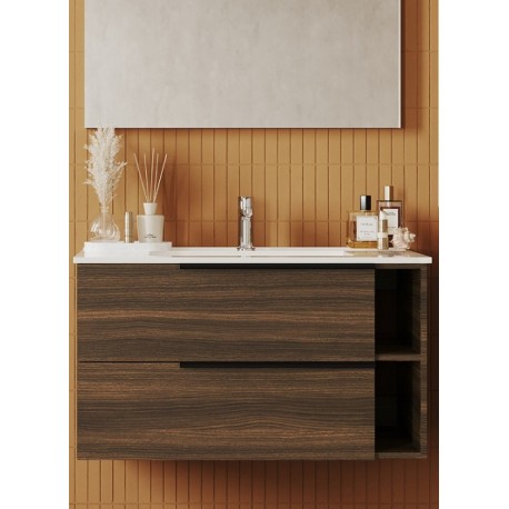 Mobile bagno noce scuro 101x46 cm. completo di lavabo in ceramica + specchio led da selezionare in fase di ordine