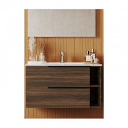 Mobile bagno noce scuro 91x46 cm. completo di lavabo in ceramica + specchio led da selezionare in fase di ordine