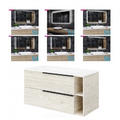 Mobile bagno rovere bianco 91x46 cm. completo di lavabo in ceramica + specchio led da selezionare in fase di ordine
