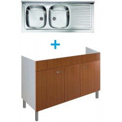 Mobile sottolavello Teak 20x50 + lavello inox 2 vasche con gocciolatoio a destra