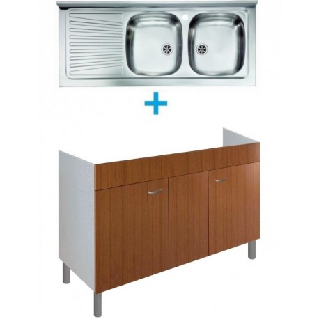 Mobile sottolavello Teak 20x50 + lavello inox 2 vasche con gocciolatoio a sinistra
