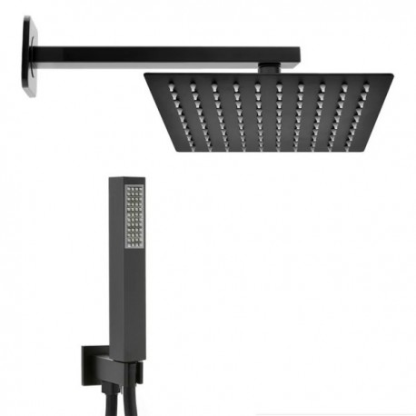 kit set doccia braccio, soffione e doccino con flessibile + presa acqua modello square quadro nero opaco