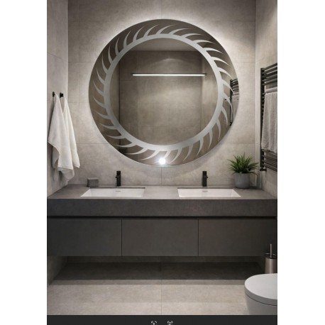 Specchio Bagno Tondo Su Misura Filo Lucido con disegno sabbiato Retroilluminante led 20W mod. New Orleans