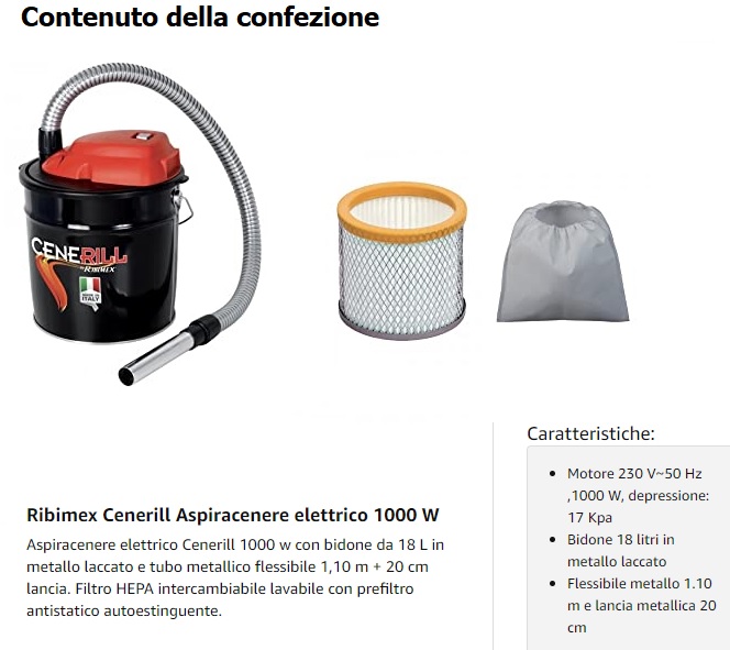 RIBIMEX PRCEN001, Cenerill Aspiracenere elettrico 1000 W, 18 L