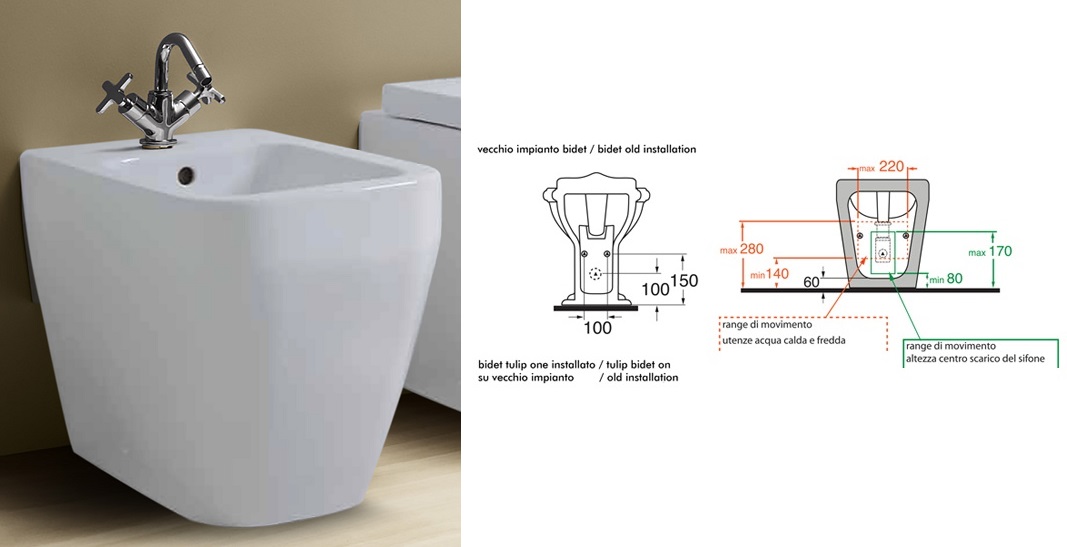 Azzurra - Bidet Tulip One con Scarico Traslato con Troppopieno Azzurra - Bidet Tulip One con Scarico Traslato con Troppopieno