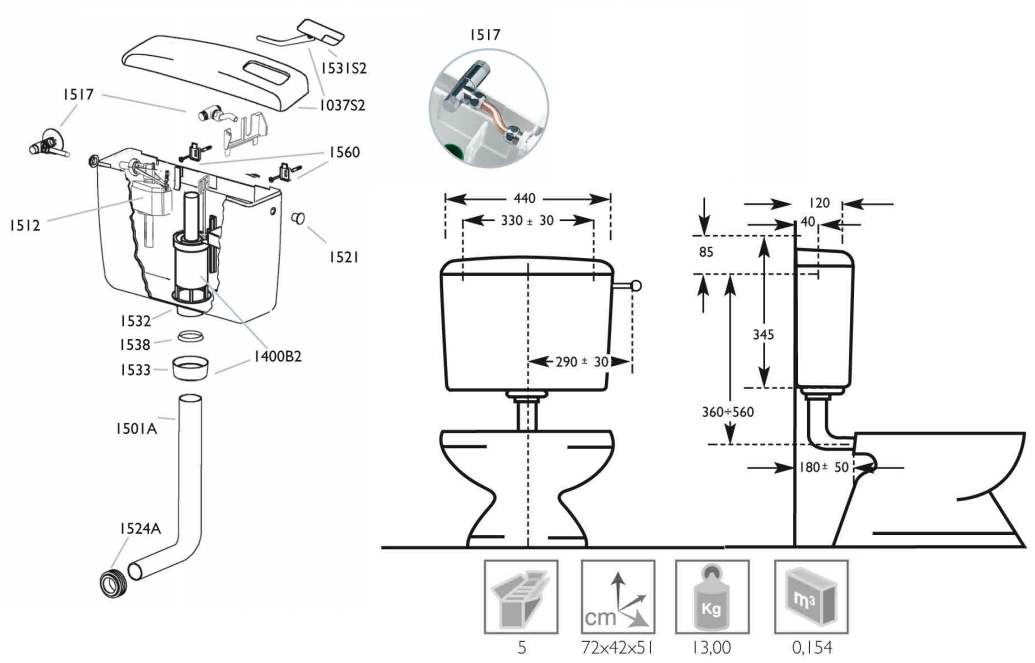 Renaudo.. IDRO-BRIC CASSETTA WC ESTERNA COMPACT PS A 2 TASTI SENZA